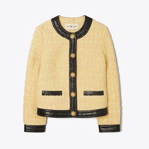 NWT Tory Burch Cream Tweed Lady Coat with Leather Trim